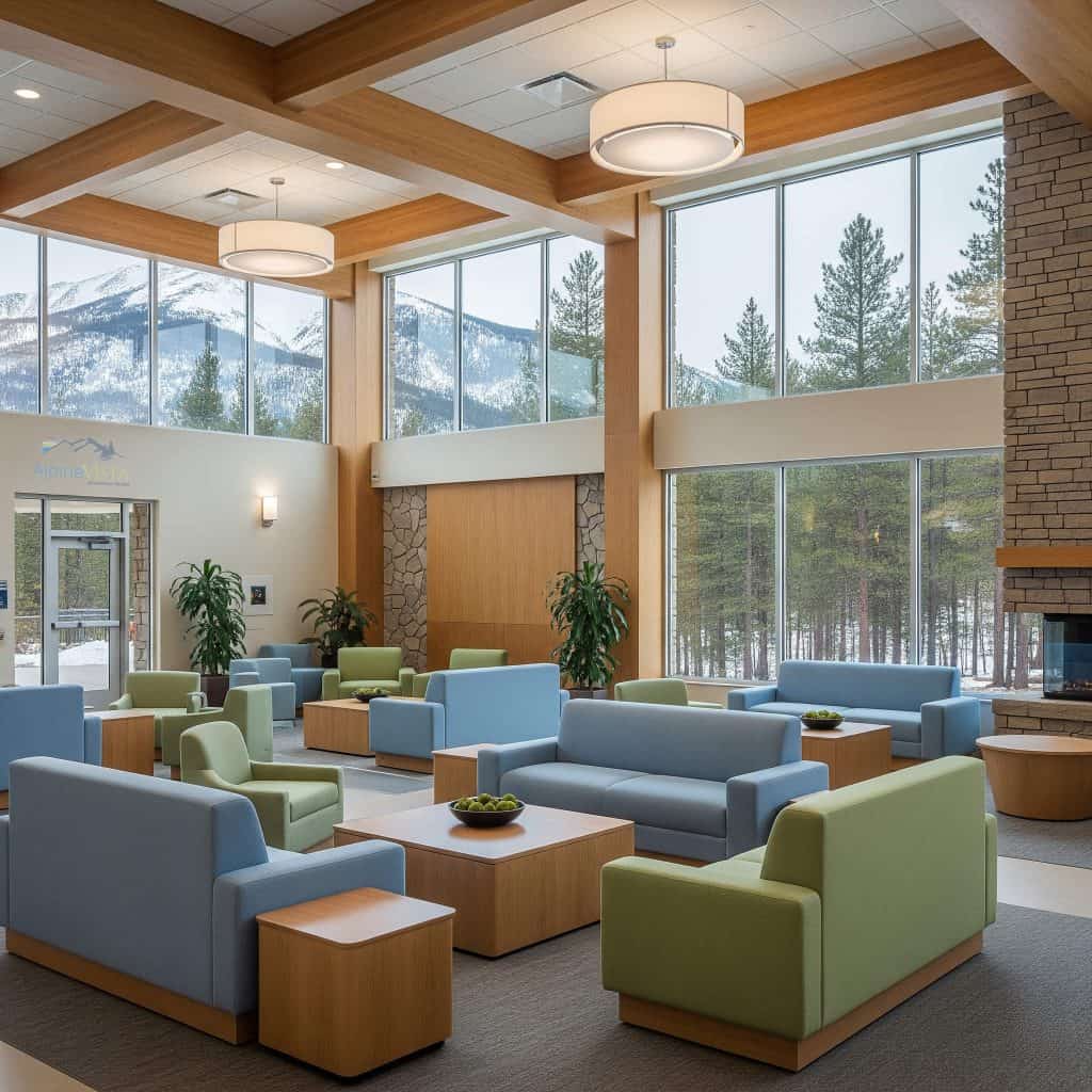 Bright lounge with large windows and mountain views.